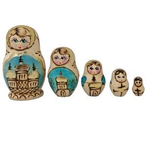 Russian Nesting Doll 5 Pc Matryoshka Pyrography Folk Art Gold Onion Dome Church